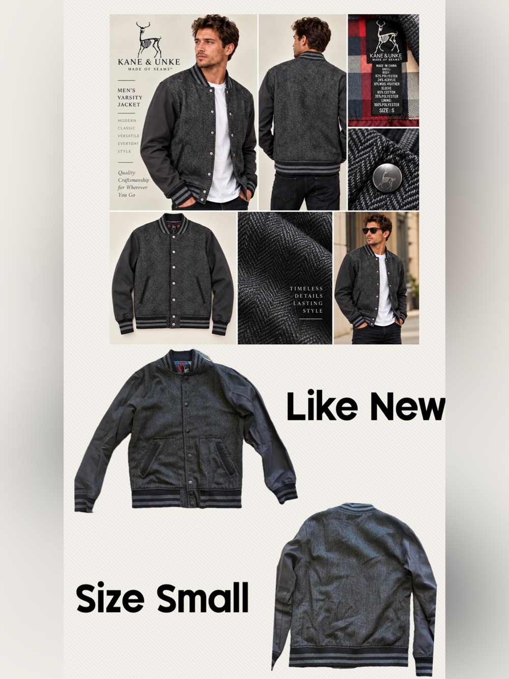 Kane & Unke Men's Charcoal Gray Bomber Varsity Jacket